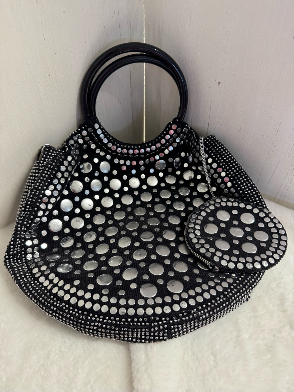 Vintage Black Studded Circle Handbag with Matching Coin Pouch Acyclic Handles
